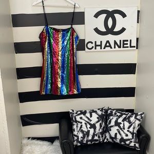 Mardi Gras party dress. Multicolor mini dress with sequin for date night.